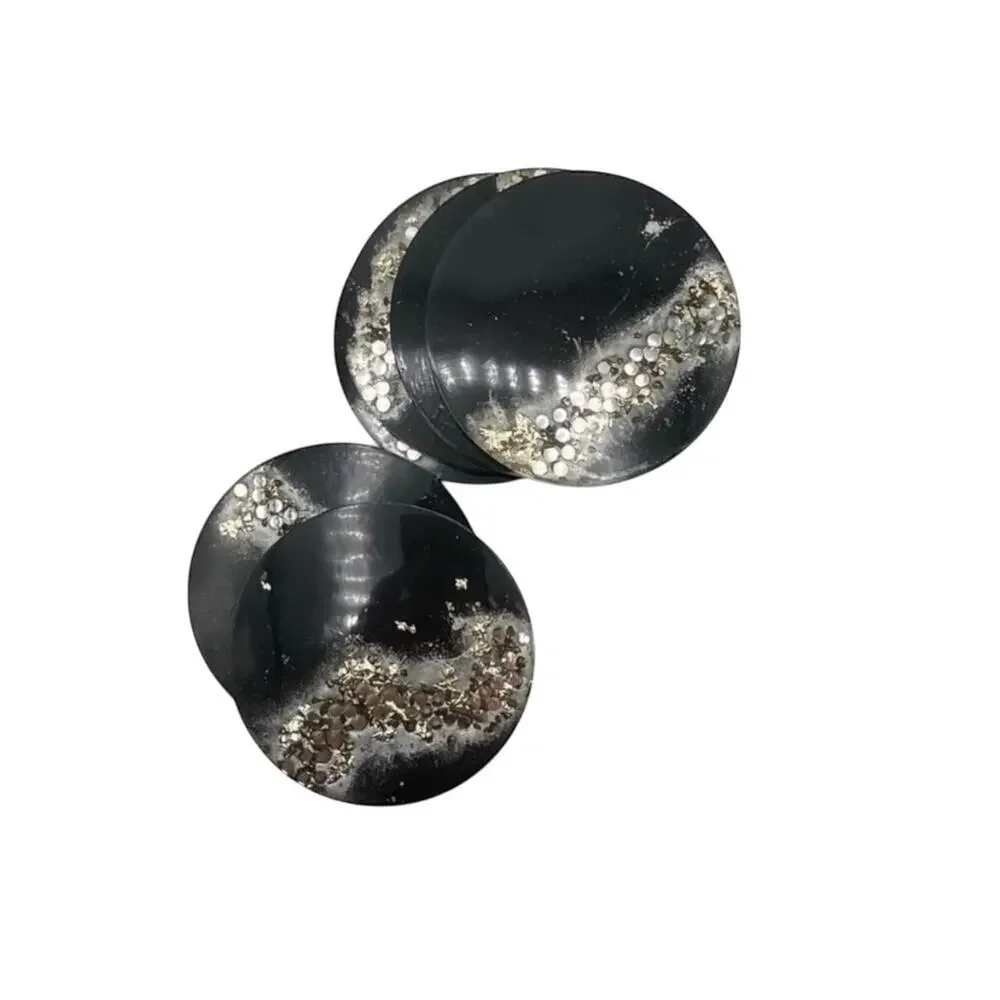 Handmade Black Resin Coasters with Silver Foil & Rhinestones | Set of 6